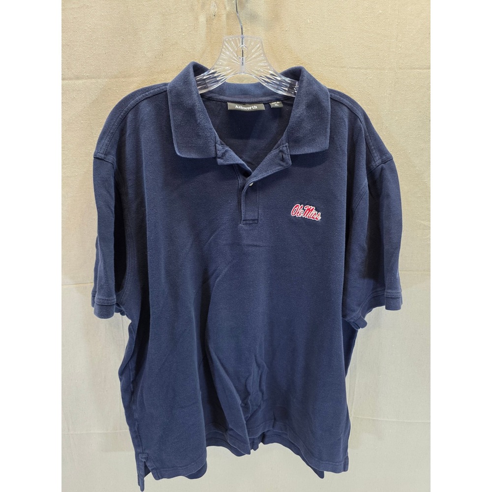 Ashworth Mens Ole Miss Rebels Polo Shirt XL Navy Blue Short Sleeve Cotton Golf